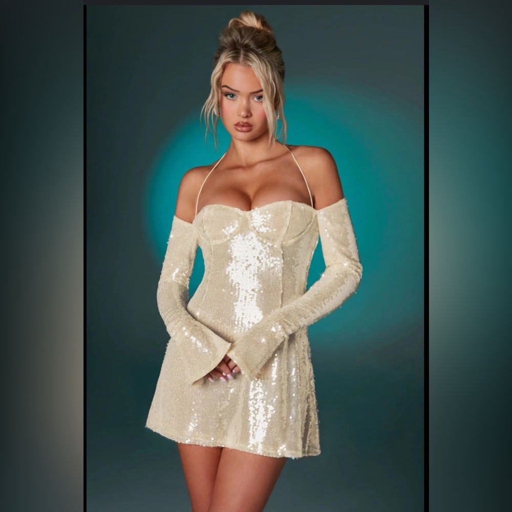 Oh Polly Sequin Mini Dress Cream Champagne Long Sleeve Bodycon Size US 2